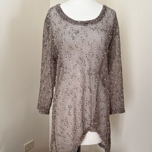 Lulu-B Women's Textured Open Mesh Brown Mesh Top Curved Hem Cover Up Size S